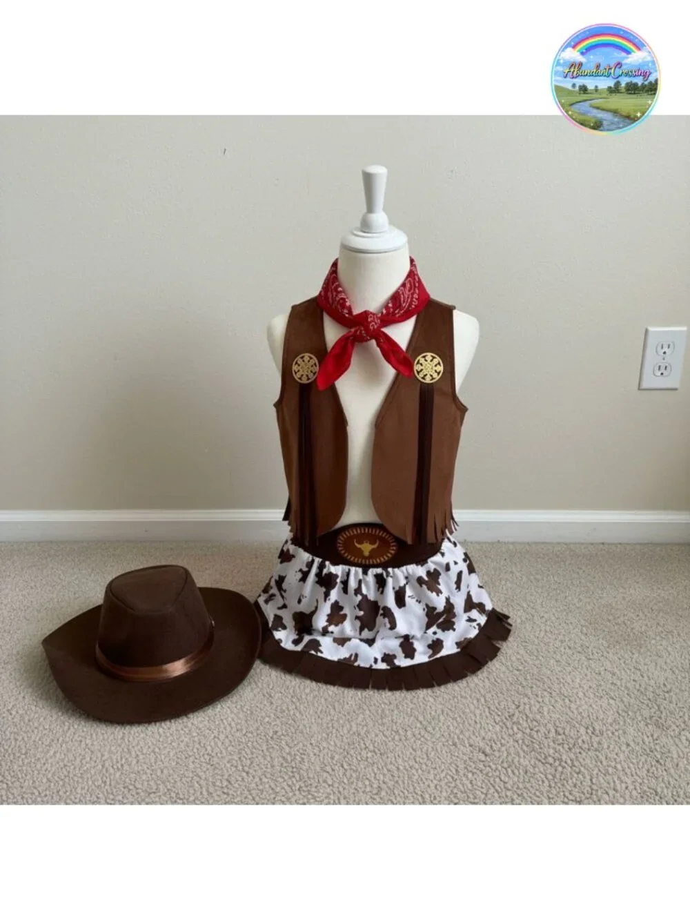 Girls Cowgirl Costume 4-Piece Set with Vest Hat Bandana Skirt